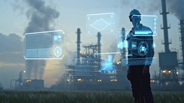 4K cinematic stock video field engineer using augmented reality AR glasses monitor industrial SCADA data, standing near turbines pipelines, AR overlays projecting live sensor data, glowing charts