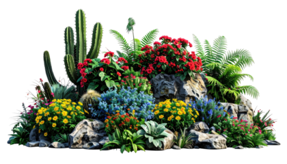 Lush, diverse garden scene featuring vibrant flowers, cacti, rocks, and various green plants