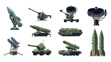 Military weapons set: modern artillery, missiles, and radar icons