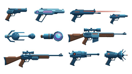 Futuristic weapons collection with laser and sci-fi design elements
