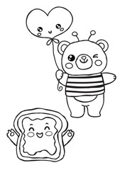 Adorable Bear Bee Character Holding Heart Balloon With Toast Friend