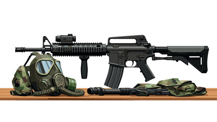 Fototapeta premium Military gear with rifle, gas mask, tactical outfit in flat design