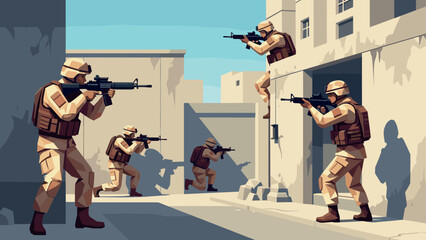 Fototapeta premium Flat style military team in urban combat scenario with rifles and protective gear