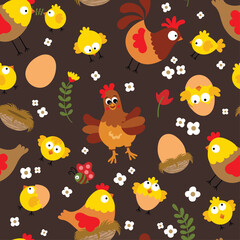 Cute Seamless Pattern With Farm Chickens Hens And Eggs