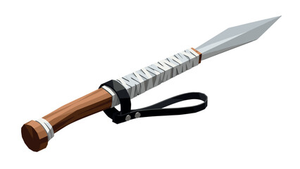 Low poly spearhead with wooden handle and leather strap in 3d style