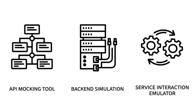 Backend engineering and software simulation icons for API mocking backend simulation and service interaction