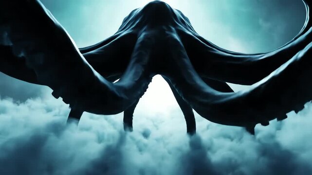 Dark Tentacled Monster Above Clouds Cinematic View.