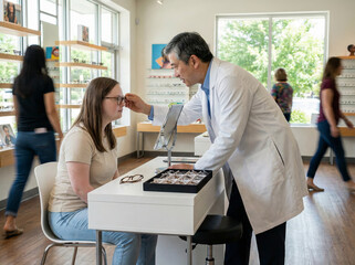 Inclusive medical service: Woman with Down syndrome and East Asian male optometrist choosing glasses in optic shop. Authentic healthcare diversity.