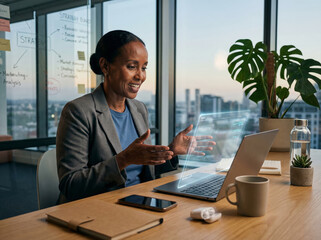 Modern middle-aged Black businesswoman collaborating with agentic AI via futuristic holographic interface in office video conference. Co-working with AI agents and business innovation.