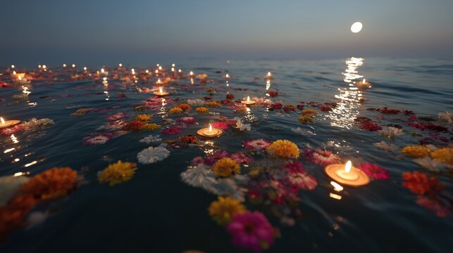 The ocean during Festival of Yemanj&aacute;, full moon rising above the horizon, floating candles and flower offerings drifting on calm water