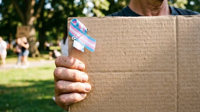 Hand Holding Blank Protest Sign with Trans Pride Ribbon
