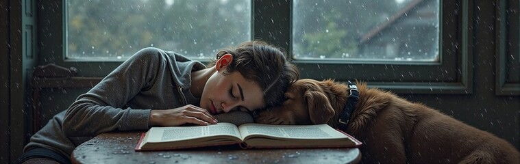 Young caucasian female resting with dog indoors during rainy day