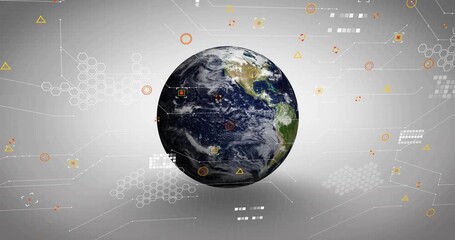 After symbols fading in, 3D globe rotating, lines linking and grids pulsing for global connectivity - Powered by Adobe