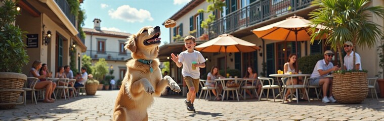 Golden retriever catching toy with caucasian child in vibrant courtyard