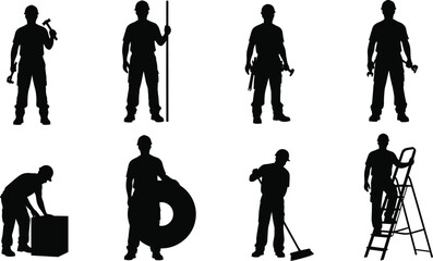 Manual worker silhouette collection, handyman tools poses, construction labor set, black vector illustration for industrial design projects branding