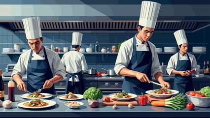 Professional chefs cooking gourmet meals in a busy modern kitchen