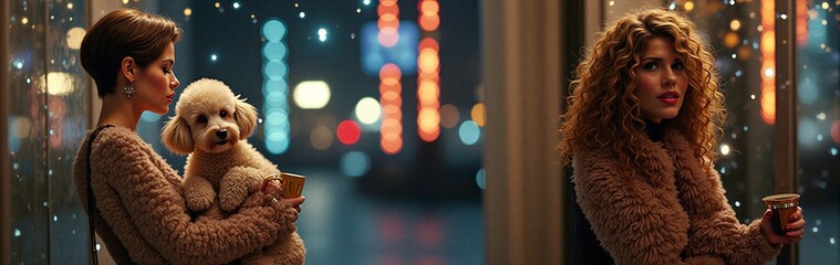 Two caucasian women enjoying festive evening with dog and coffee