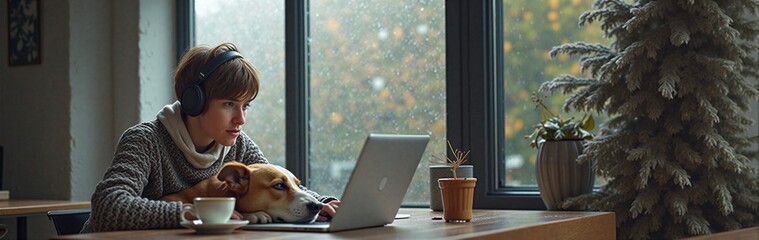 Young caucasian female working on laptop with dog in cozy indoor setting