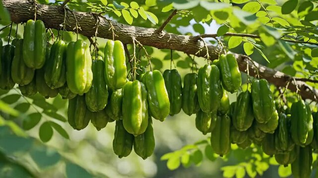 Lush Green Bilimbi Fruits Swaying Gently on a Branch in a Vibrant Tropical Garden, Ready for Harvest