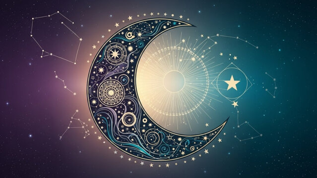 Ornate crescent moon with celestial patterns and constellations mystical cosmic art for spiritual or astrological themes glowing night sky background
