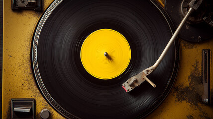 Close up vinyl record spinning on turntable
