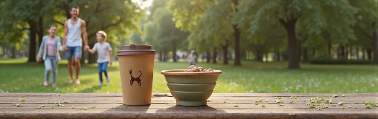 Family stroll in park with coffee and snacks on wooden table