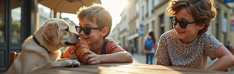 Two caucasian boys and labrador puppy enjoying croissant outdoors in sunny urban setting