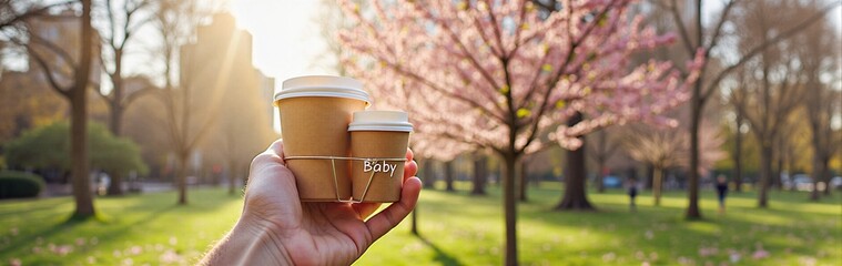 Hand holding coffee cups in sunny park with blossoming trees
