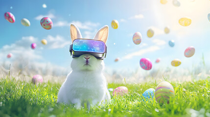 A cute bunny wearing virtual reality glasses stands in a green field surrounded by falling Easter eggs against a blue sky