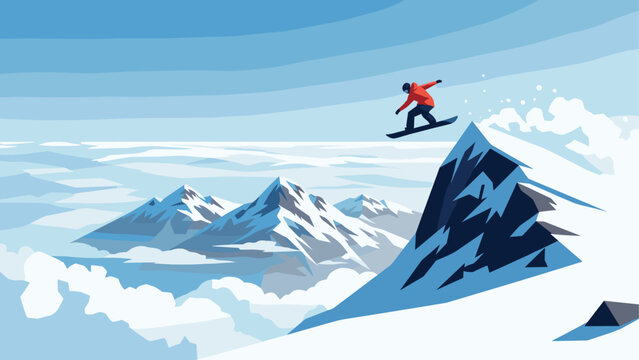 Snowboarder performing jump on snowy mountain with clear sky background in flat art style