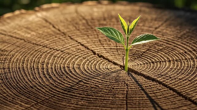 New Plant Sprouts from Old Tree Stump Symbolizing Growth and Renewal.