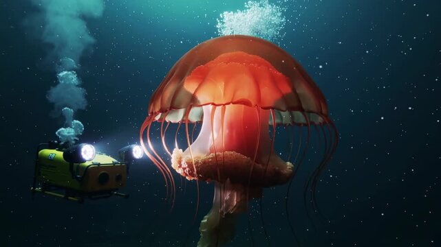 The image depicts a large jellyfish illuminated in the deep sea, with a small submarine nearby. The submarine is also lit and appears to be exploring the jellyfish.