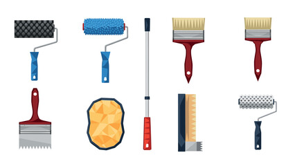 Colorful painting tools collection with brushes, rollers, and sponges - geometric style