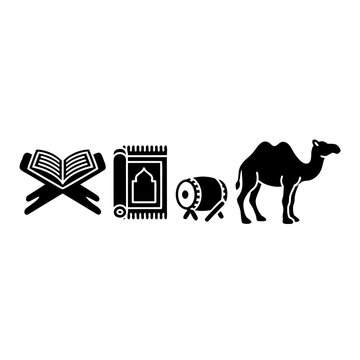 Islamic Religious Icons Set Featuring Holy Quran on Rehal, Rolled Prayer Mat, Traditional Bedug Drum, and Camel Silhouette for Ramadan and Hajj Design