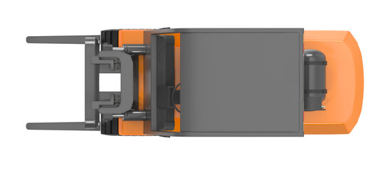 Fototapeta premium Top view of an orange and gray forklift with its forks extended on a white background