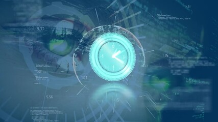 Animation of clock moving over data processing over caucasian woman eye - Powered by Adobe