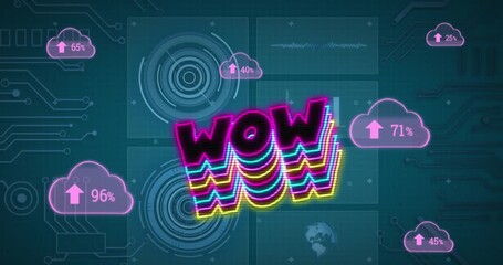 Animation of wow text and data processing on blue background - Powered by Adobe