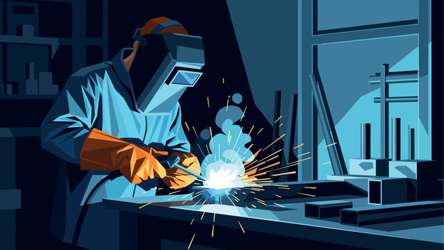 Welder at work in industrial workshop with sparks flying in modern flat art style