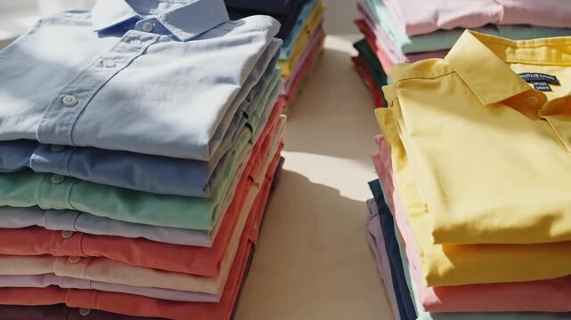 Cleanly stacked colorful shirts in bright natural light