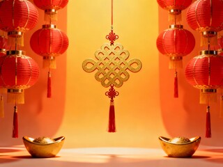 A vibrant Chinese New Year scene featuring red lanterns a golden decorative knot and traditional gold ingots against a warm orange backdrop.