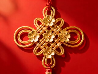 A golden Chinese knot adorned with floral motifs symbolizing good fortune and prosperity displayed against a vibrant red background.