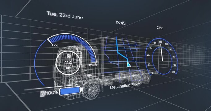 Animation of speedometer over electric truck project on navy background