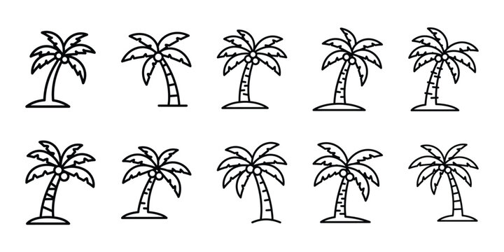 Party celebration palm tree vacation line art icon set. Minimalist Holiday line art vector icons collection