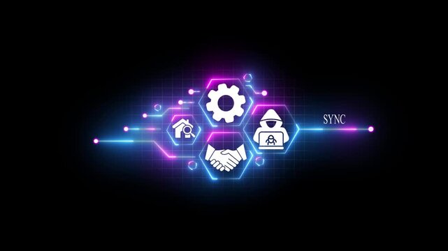 Digital network connection with sync icon and abstract glowing lines on black background technology data