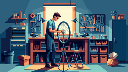 Bicycle repair workshop: mechanic fixing wheel in vintage style garage setting