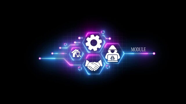 Futuristic digital network with icons for module concept on black background abstract artificial intelligence