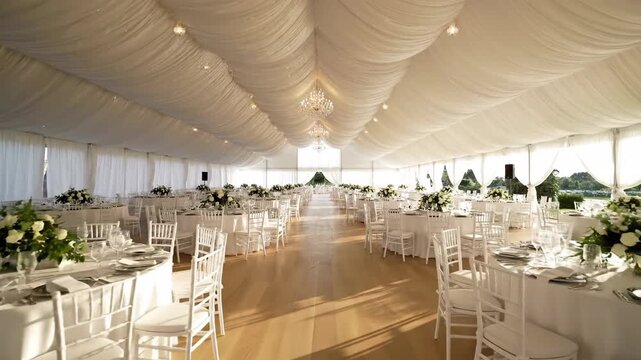A bright white tent interior set up for a wedding reception with elegant tables and floral arrangements