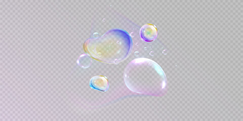 realistic colorful soap bubbles to create a design. Transparent realistic soap bubbles isolated on transparent background.