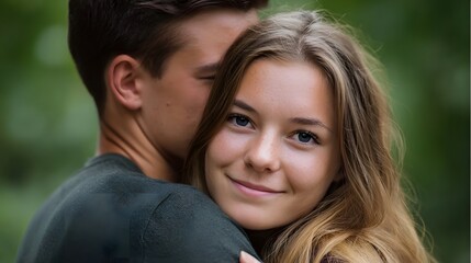 Fototapeta premium Young couple embracing outdoors woman smiling affectionately at