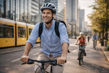 Happy young man in a helmet riding a bicycle on a city street with a tram and skyscrapers in the background; concept of eco-friendly urban commuting and active lifestyle.